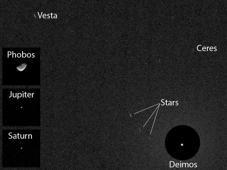 Ceres and Vesta identified in a Curiosity image from Mars; a real example of asteroid points against a sky background.