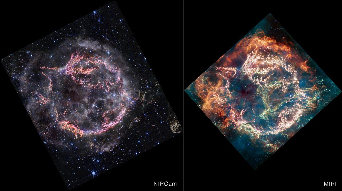 Cassiopeia A NIRCam/MIRI comparison; NASA, ESA, CSA / STScI and the Cassiopeia A teams. Infrared bands are mapped to visible colours.