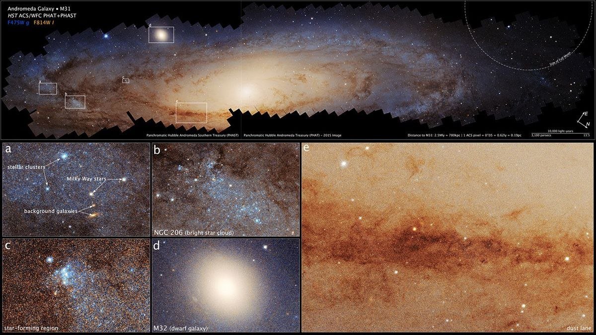 Andromeda mosaic and regions of interest; NASA, ESA, B. Williams (University of Washington). Image processing: J. DePasquale (STScI).