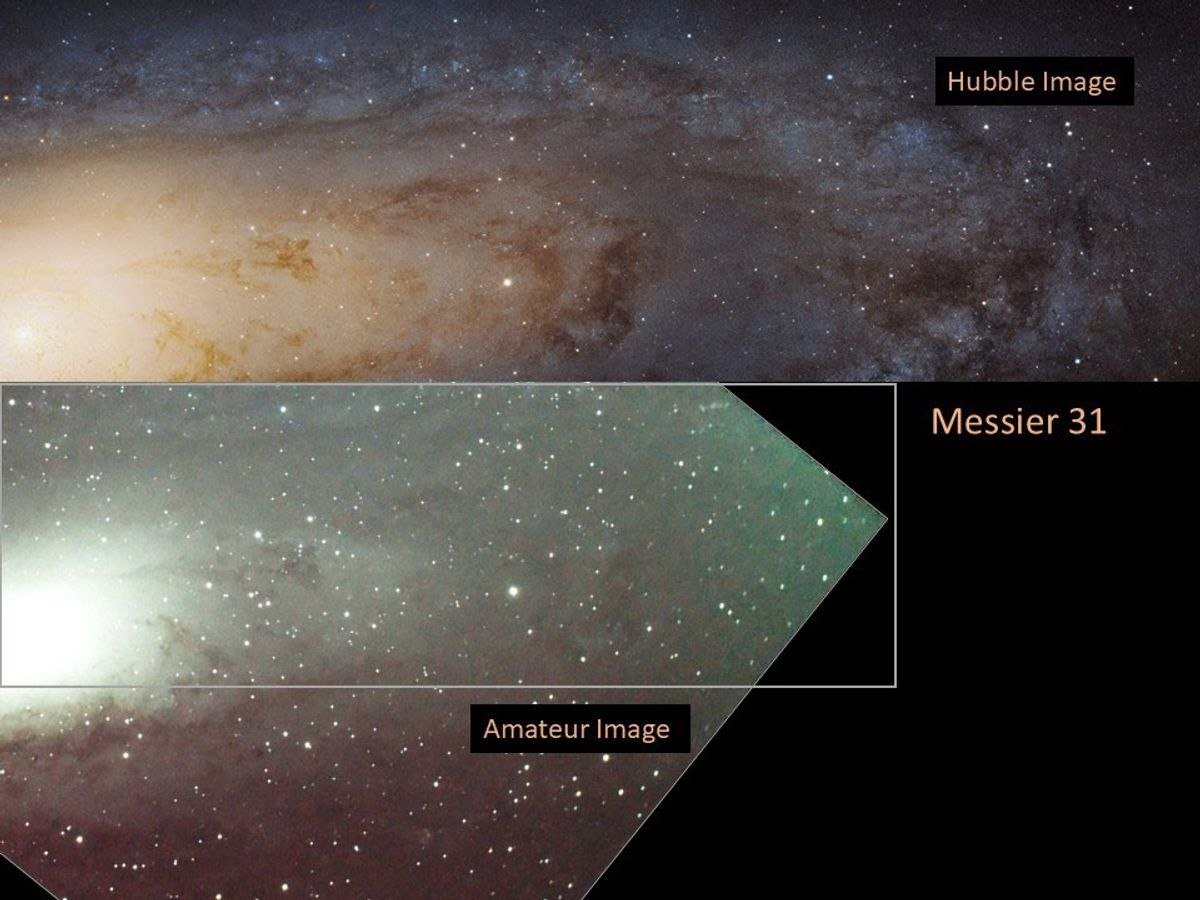 Amateur and Hubble comparison of M31; NASA, ESA, K. Hartnett / STScI. Different instruments, fields and exposures; not an eyepiece prediction.