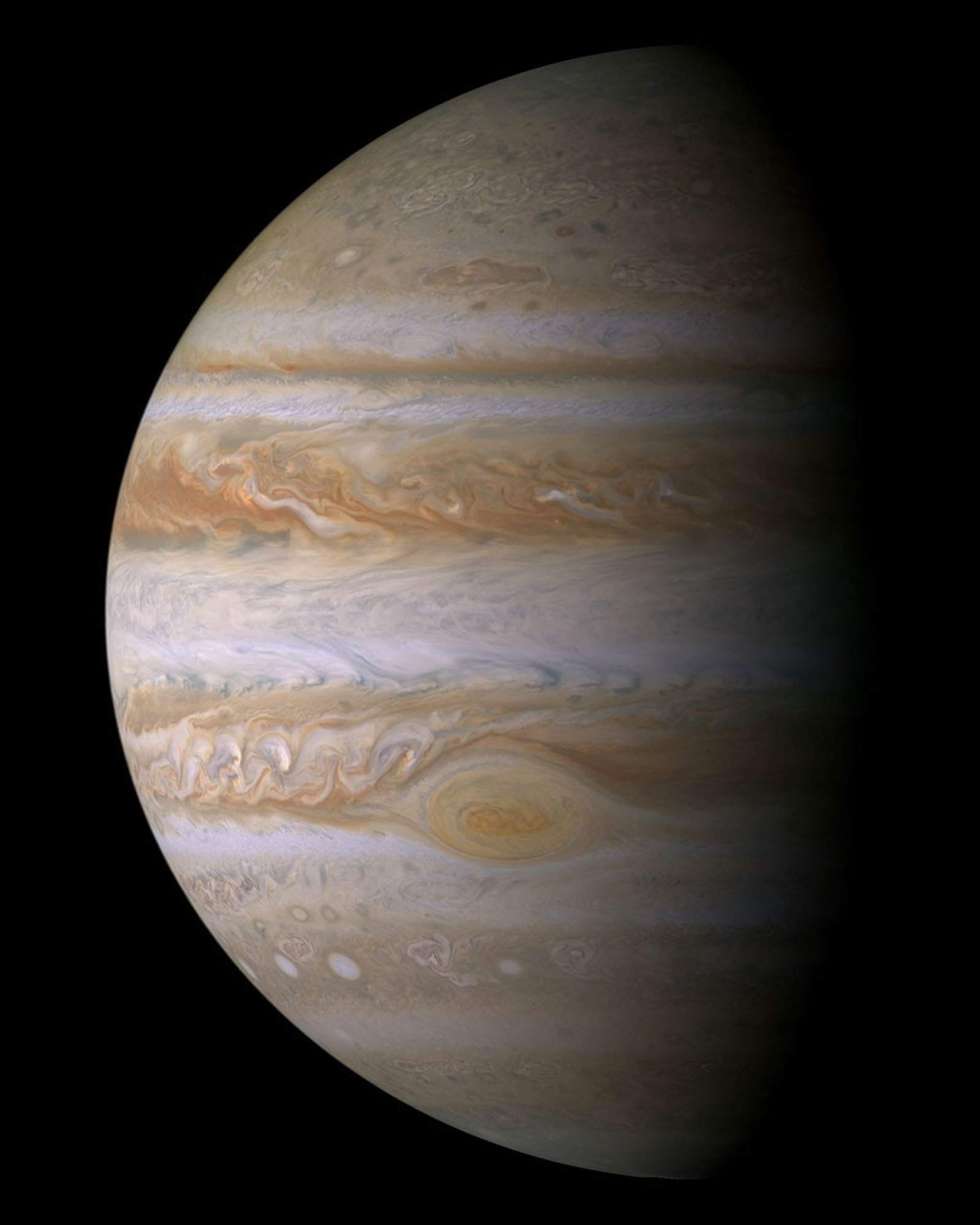 Cassini spacecraft image mosaic showing Jupiter's cloud bands and Great Red Spot