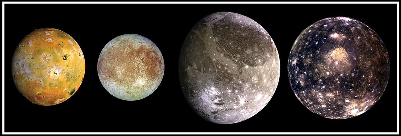 Galileo spacecraft portraits of Io, Europa, Ganymede and Callisto, arranged from left to right