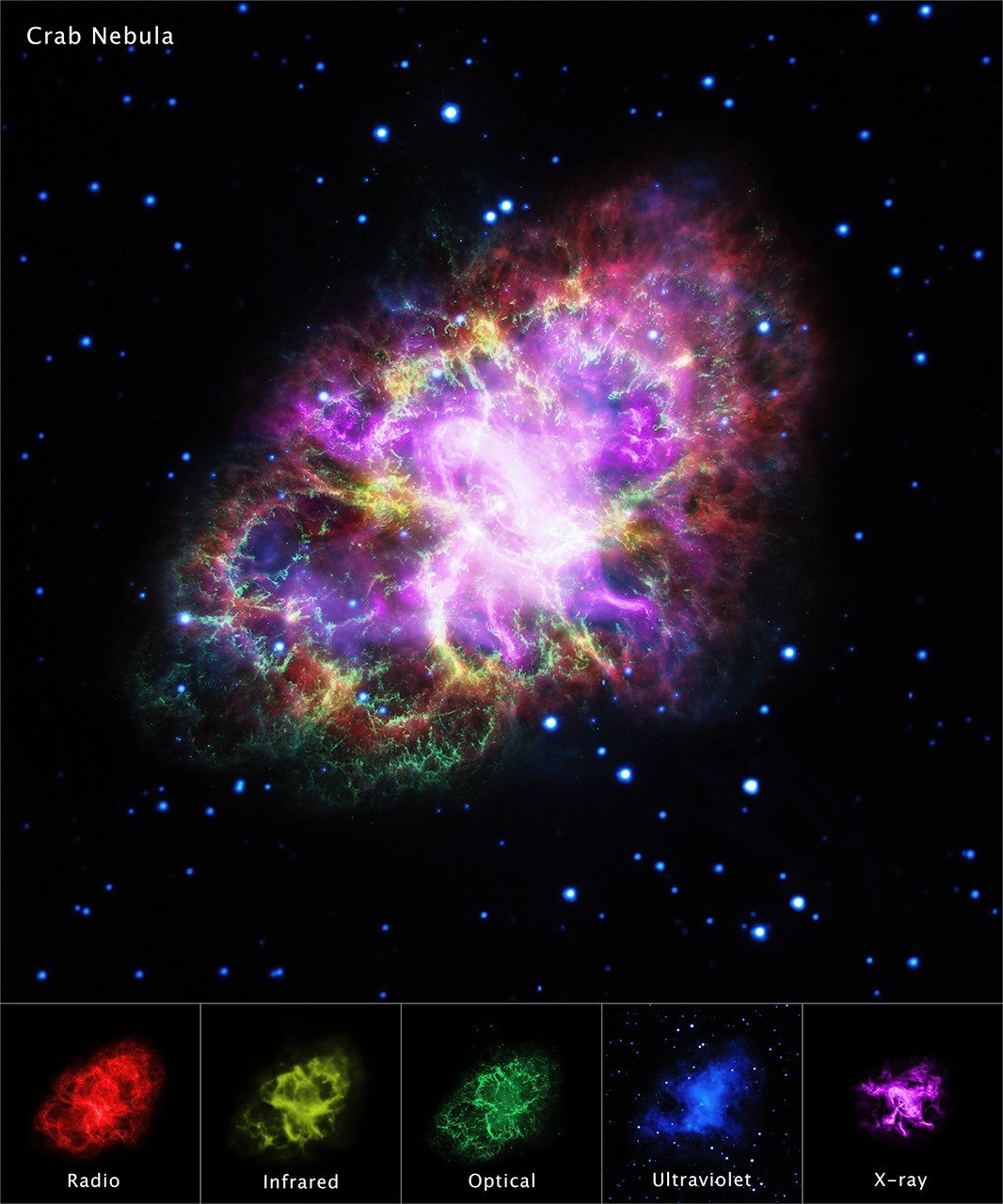 Crab Nebula composite combining five observatories