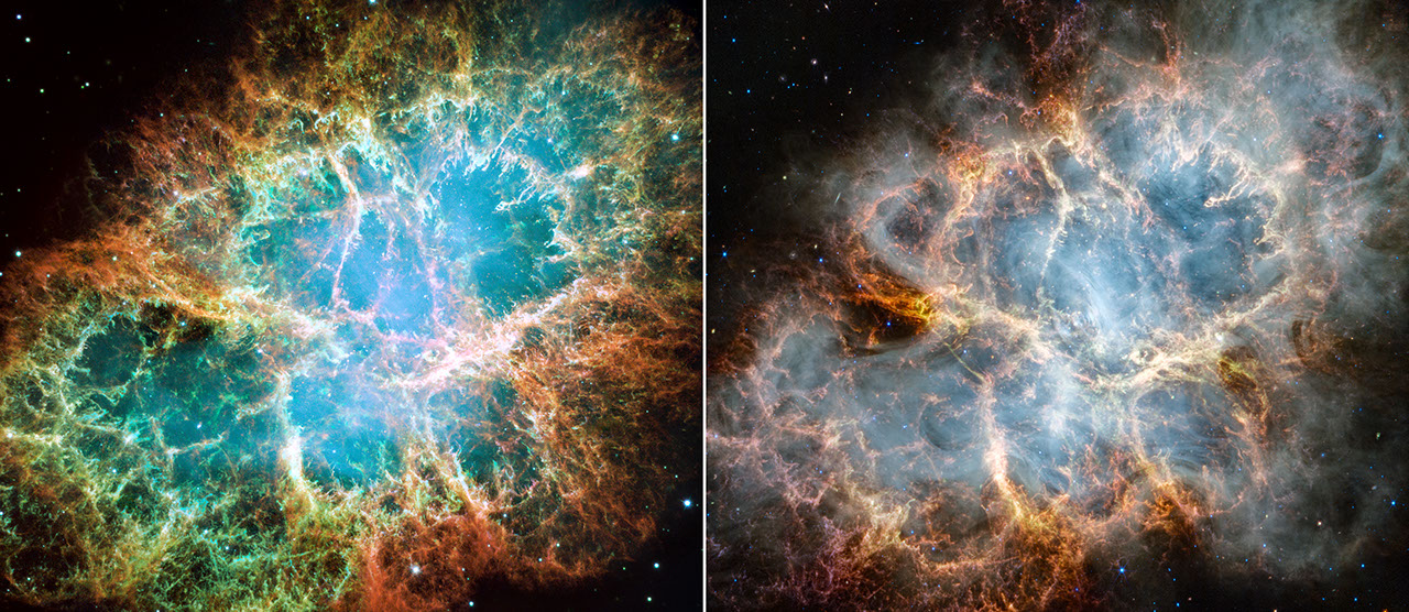Crab Nebula optical Hubble and infrared Webb comparison