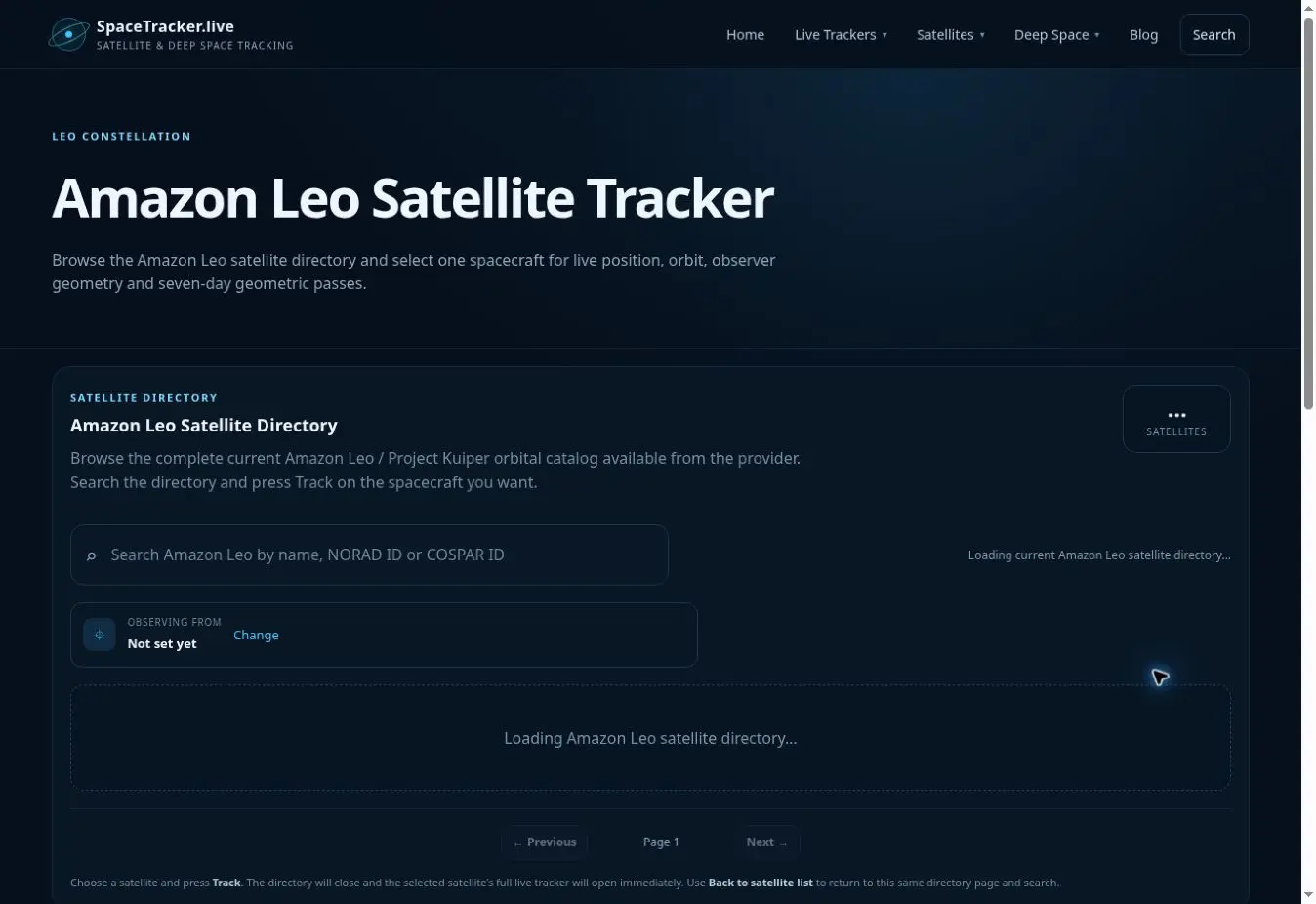 Amazon Leo Satellite Tracker data and feature panel