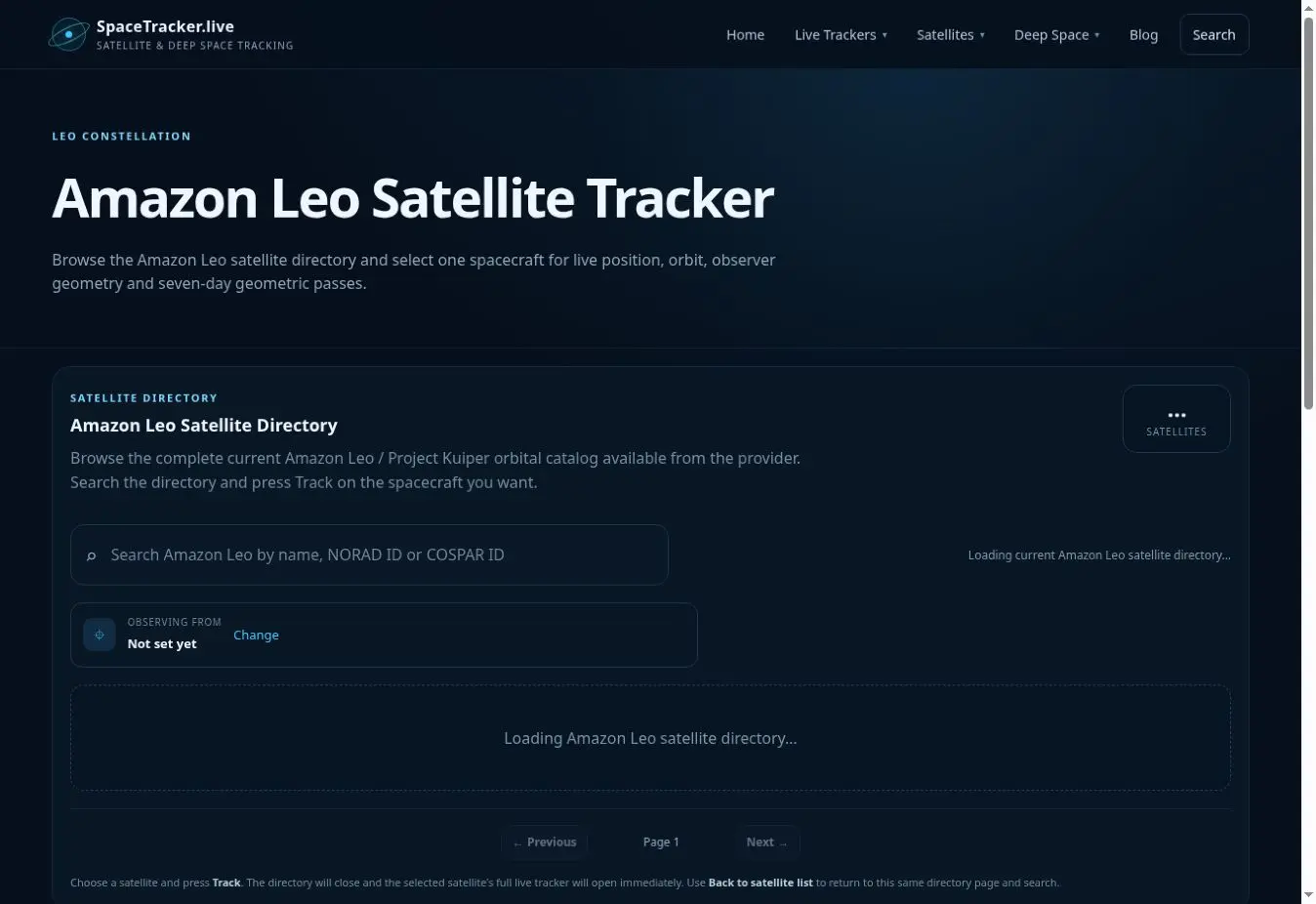 Amazon Leo Satellite Tracker interface showing the main tracker view