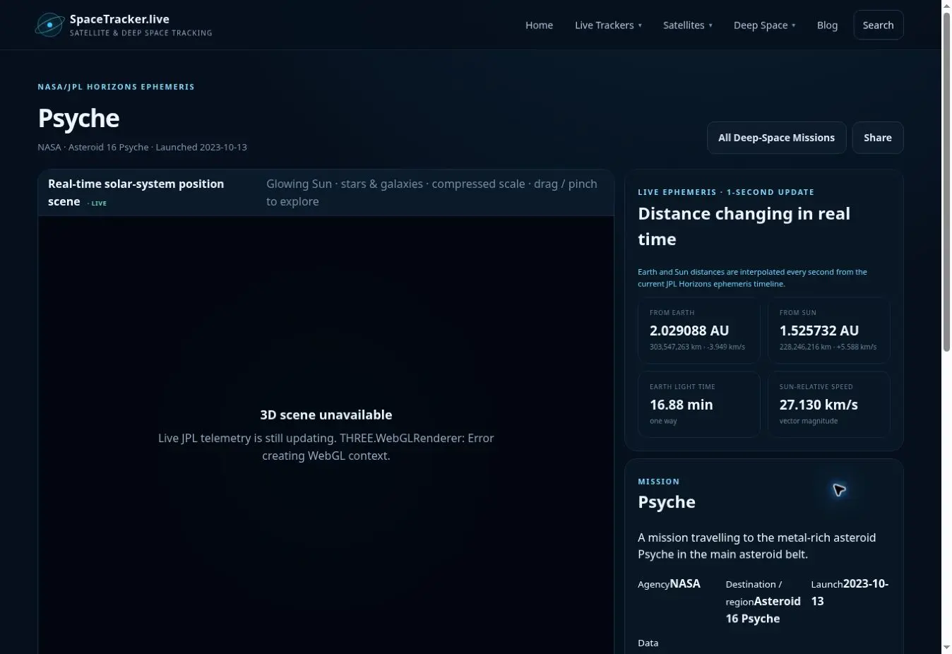 Psyche Spacecraft Tracker data and feature panel