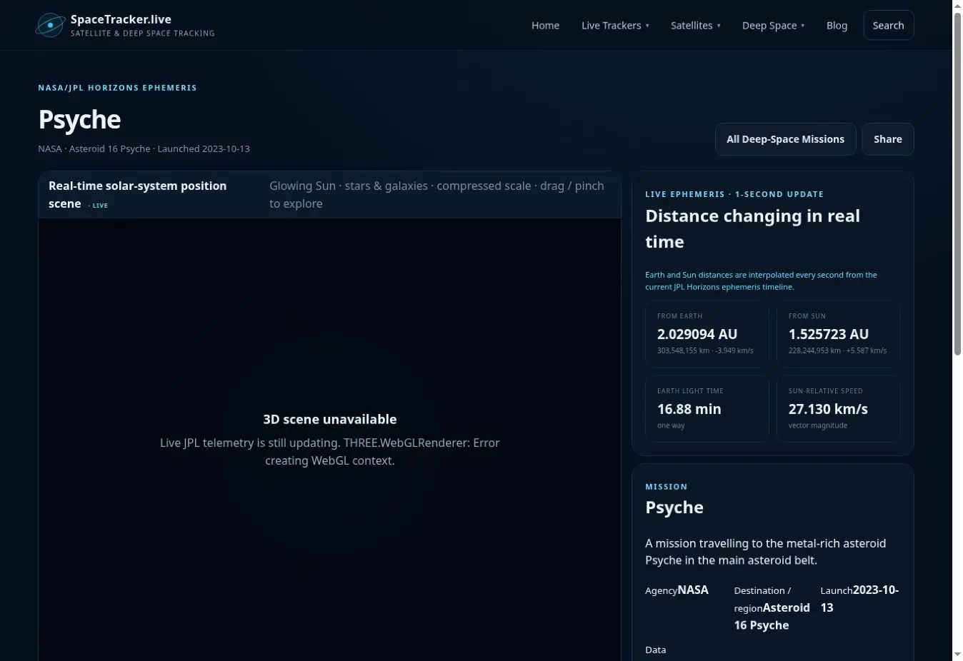 Psyche Spacecraft Tracker interface showing the main tracker view
