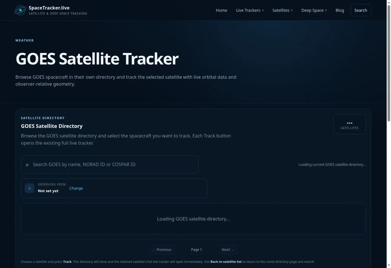 GOES Satellite Tracker interface showing the main tracker view