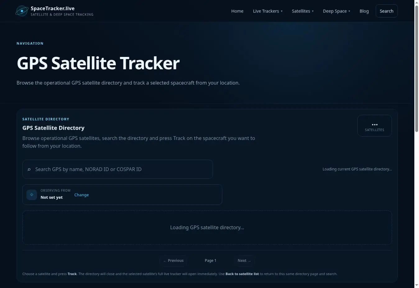 GPS Satellite Tracker interface showing the main tracker view