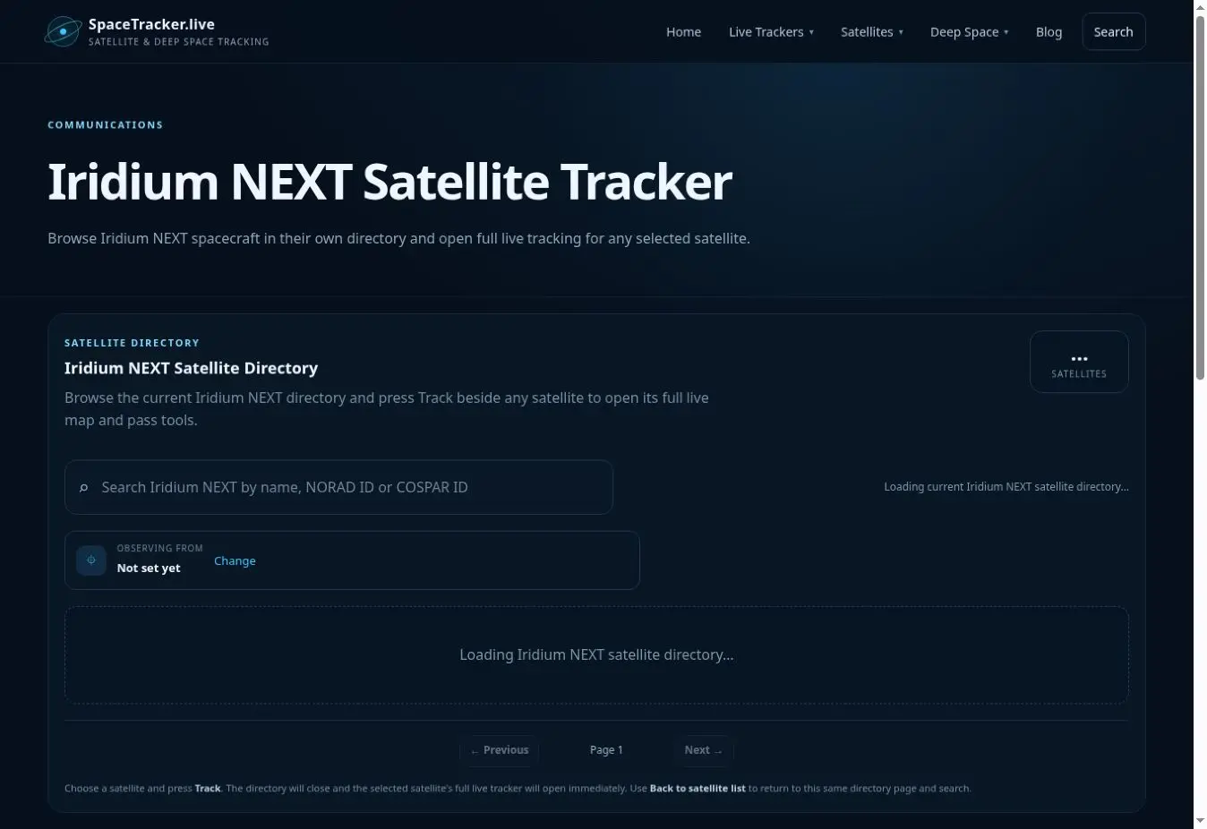Iridium NEXT Satellite Tracker interface showing the main tracker view