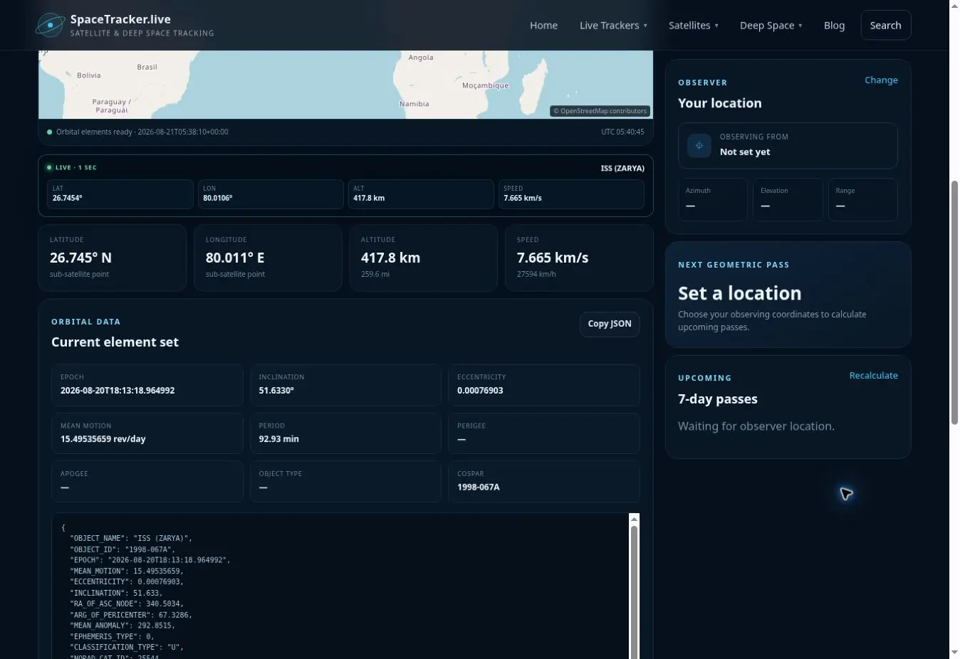 ISS Live Tracker data and feature panel