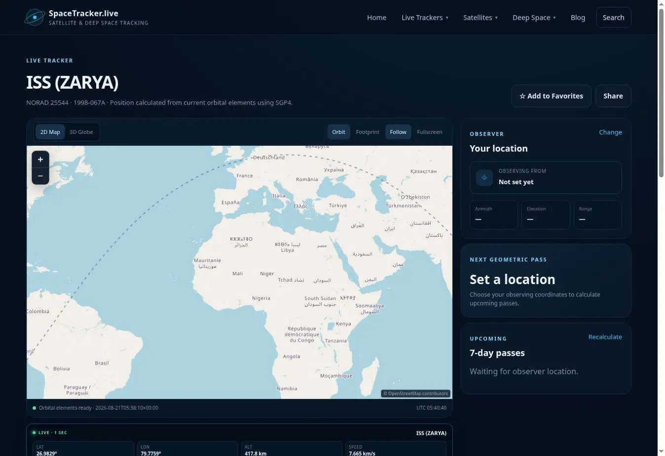 ISS Live Tracker interface showing the main tracker view
