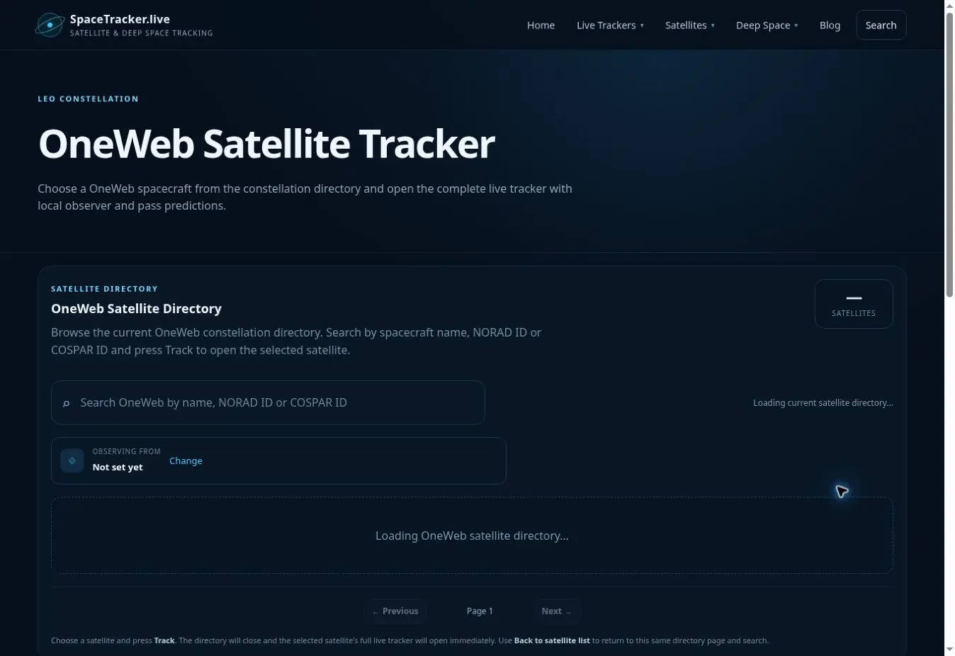 OneWeb Satellite Tracker data and feature panel