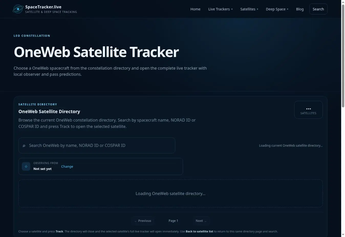 OneWeb Satellite Tracker interface showing the main tracker view