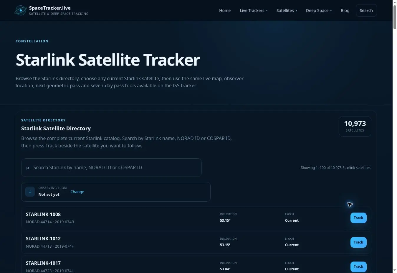 Starlink Satellite Tracker data and feature panel