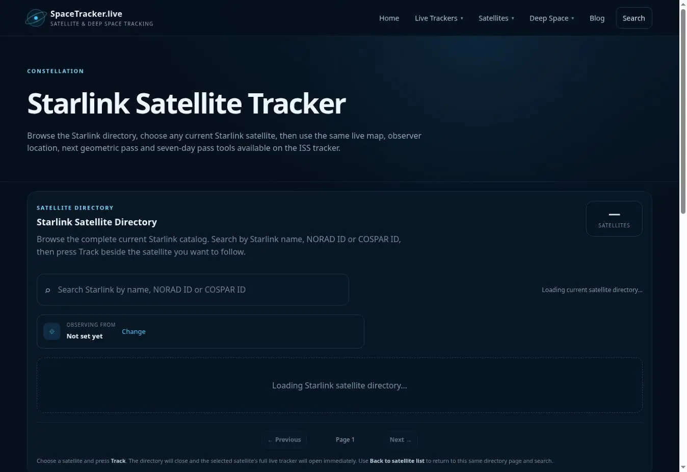 Starlink Satellite Tracker interface showing the main tracker view