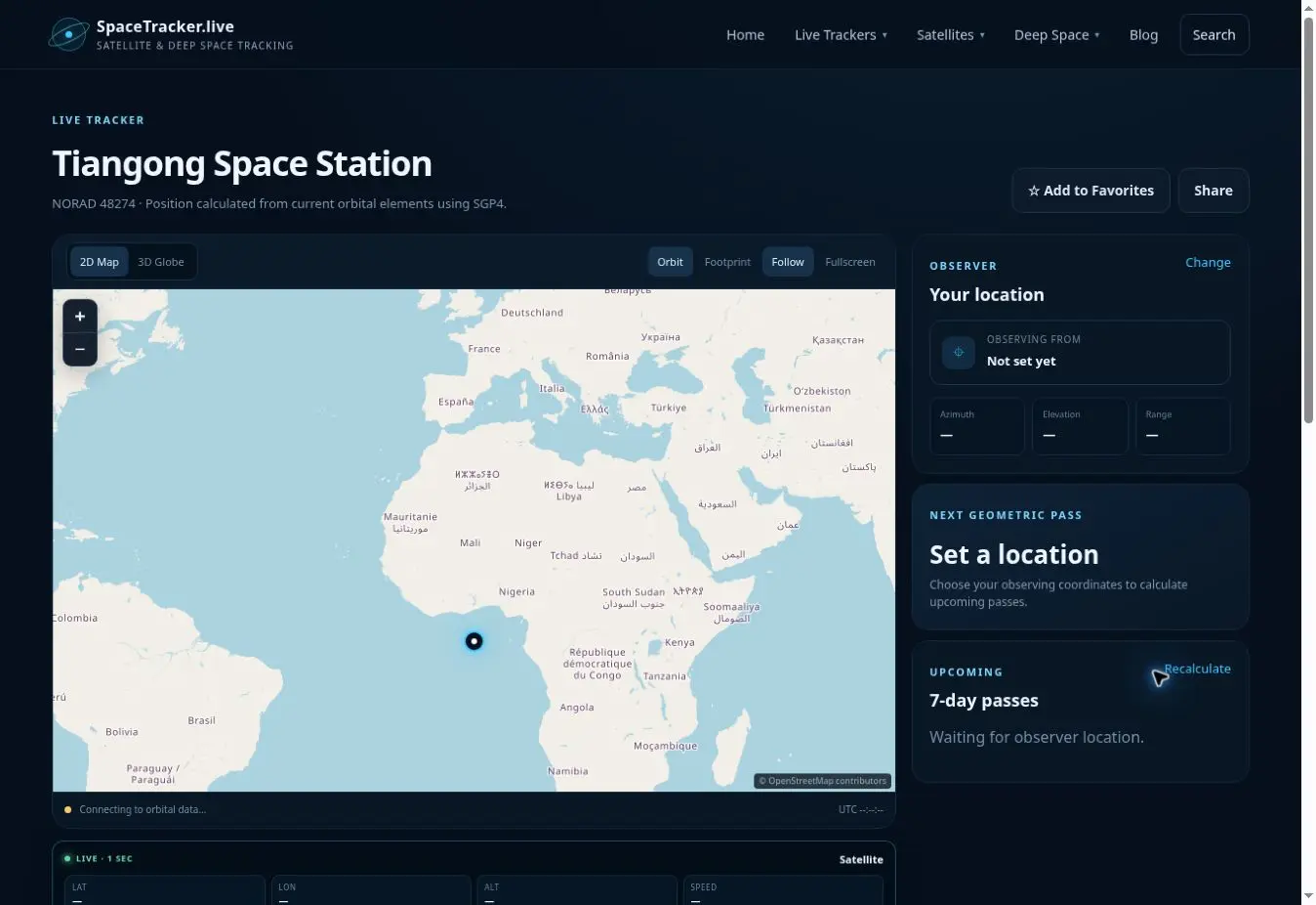 Tiangong Space Station Tracker interface showing the main tracker view